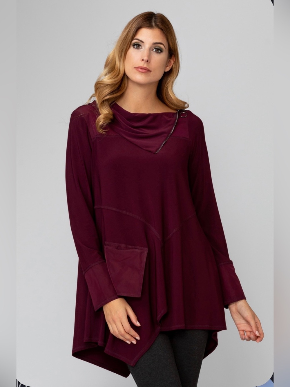 Joseph Ribkoff Asymmetrical Safari Tunic Top Plum Burgundy Cowl Neck Size 6
